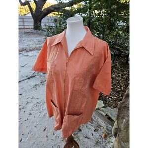 Haband Guayabera Cuban Shirt Zip Up Embroidered‎ Peach Orange Rust Cubavera LG